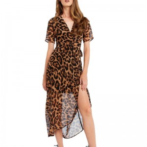 Kuuma myydä lady muoti leopard tulosta wrap pitkä mekko